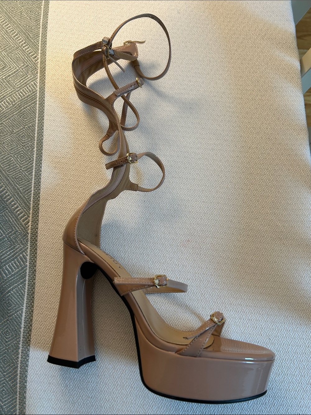 Patent Platform Ankle-Tie Sandals in Nude